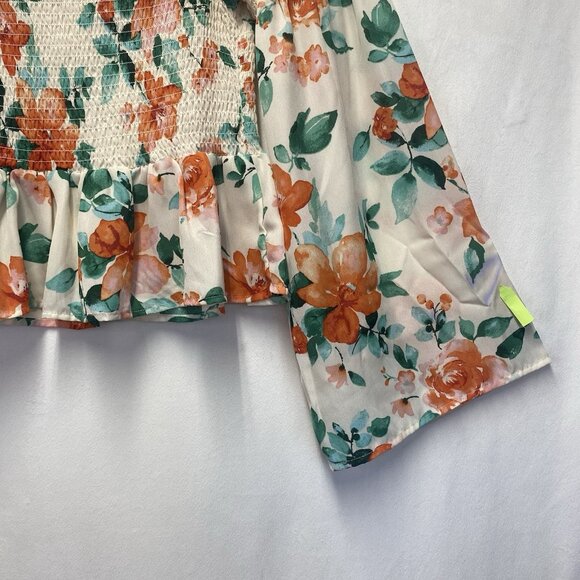 Mimi Chica Floral Off Shoulder Bell Long Sleeve Smocked Top Women Medium Cream - Picture 2 of 12